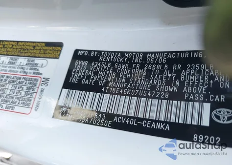 2007 Toyota Camry Ce z USA, uszkodzony, nr VIN 4T1BE46K07U547228